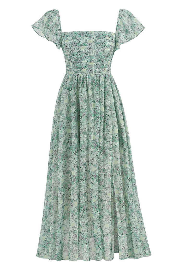 Breezy Square Neck Pleated Fit & Flare Split Floral Printed Midi Dress - Green