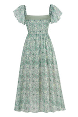 Breezy Square Neck Pleated Fit & Flare Split Floral Printed Midi Dress - Green
