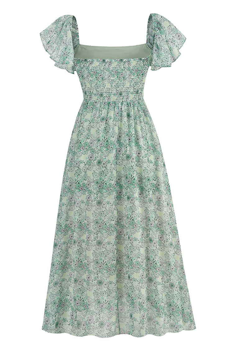 Breezy Square Neck Pleated Fit & Flare Split Floral Printed Midi Dress - Green