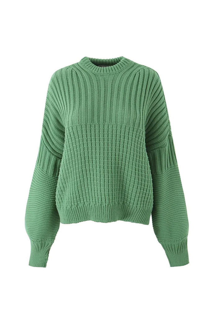 Casual Crew Neck Drop Shoulder Blouson Sleeve Rib Knit Casual Crew Neck Drop Shoulder Blouson Sleeve Rib Knit