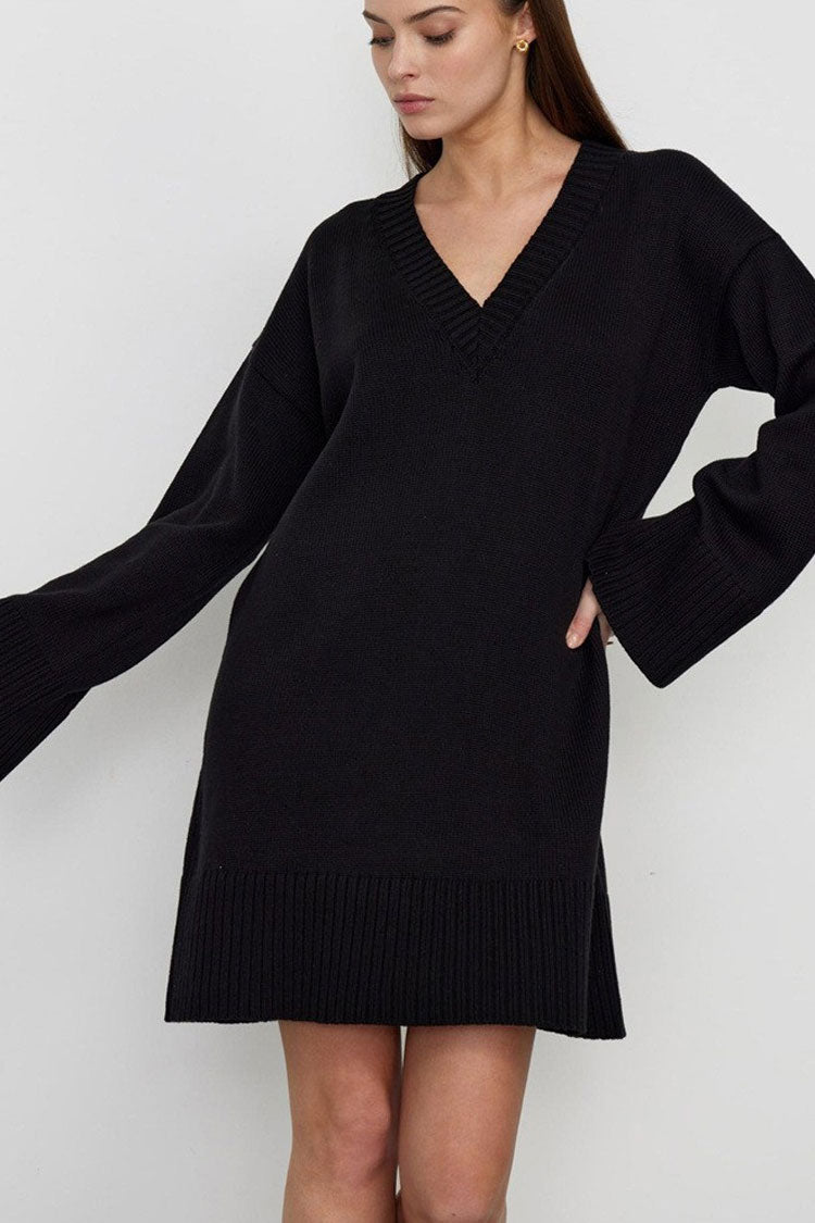 Casual Deep V Long Sleeve Shift Winter Oversized Sweater Mini Dress - Black