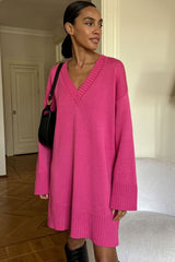 Casual Deep V Long Sleeve Shift Winter Oversized Sweater Mini Dress - Hot Pink