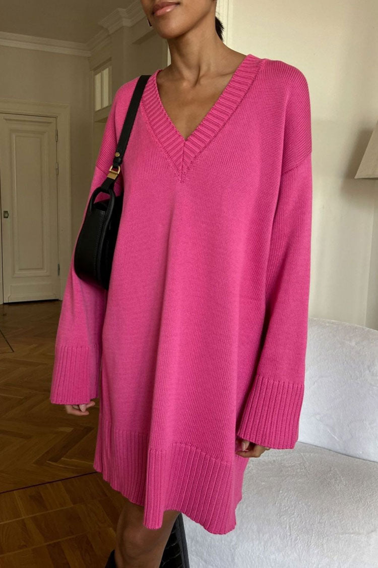 Casual Deep V Long Sleeve Shift Winter Oversized Sweater Mini Dress - Hot Pink