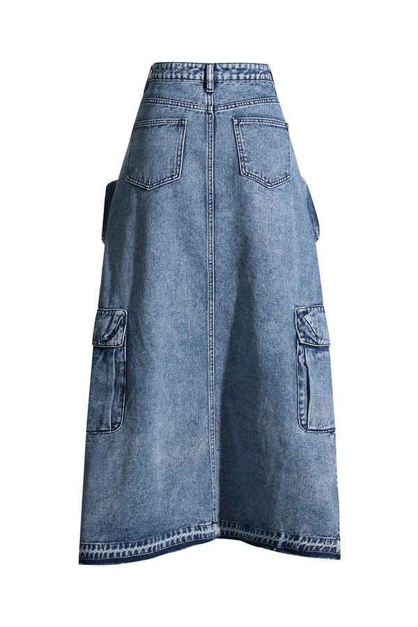 Casual High Waist Cargo Pocket Distressed Hem Front Split Denim Midi Skirt