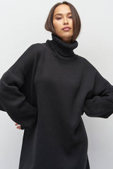 Casual Turtleneck Long Sleeve Shift Winter Oversized Sweater Mini Dress - Black