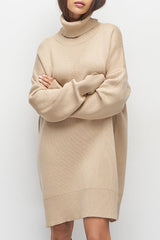 Casual Turtleneck Long Sleeve Shift Winter Oversized Sweater Mini Dress - Khaki