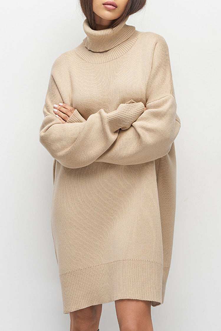 Casual Turtleneck Long Sleeve Shift Winter Oversized Sweater Mini Dress - Khaki
