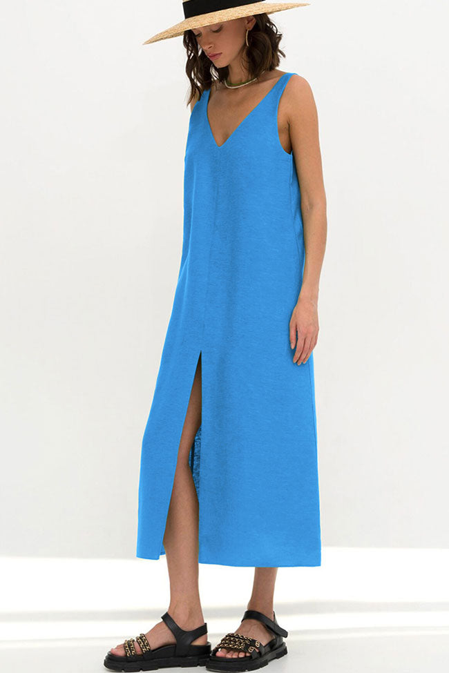 Casual V Neck Front Split Sleeveless Linen Blend Midi Sundress - Blue