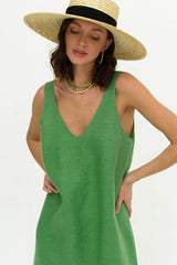 Casual V Neck Front Split Sleeveless Linen Blend Midi Sundress - Green