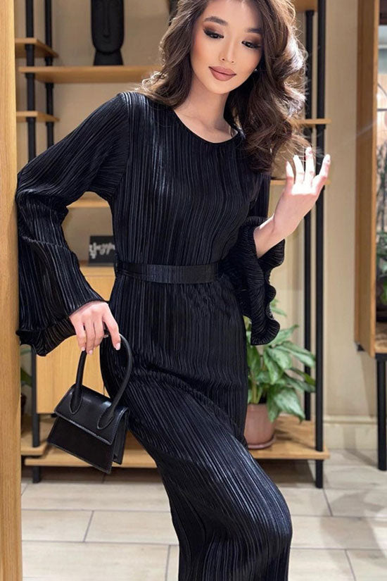 Celebrity Style Crew Neck Bell Sleeve Shift Pleated Maxi Dress - Black