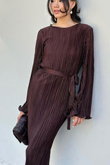 Celebrity Style Crew Neck Bell Sleeve Shift Pleated Maxi Dress - Brown