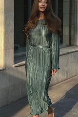 Celebrity Style Crew Neck Bell Sleeve Shift Pleated Maxi Dress - Green