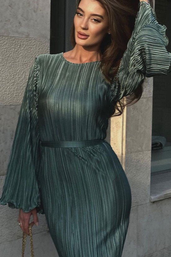 Celebrity Style Crew Neck Bell Sleeve Shift Pleated Maxi Dress - Green