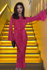 Celebrity Style Crew Neck Bell Sleeve Shift Pleated Maxi Dress - Hot Pink