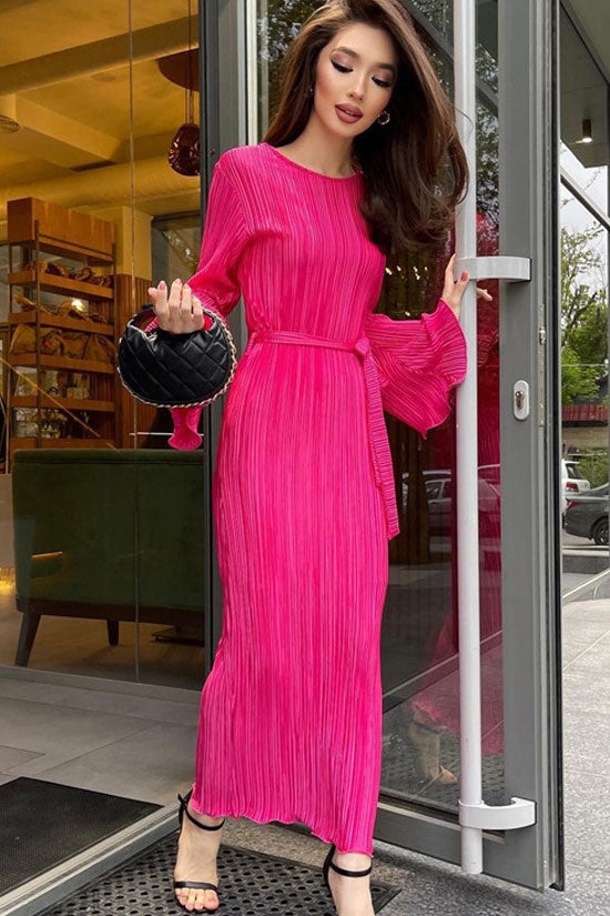 Celebrity Style Crew Neck Bell Sleeve Shift Pleated Maxi Dress - Hot Pink