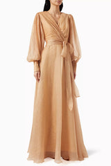 Celebrity Style V Neck Bishop Sleeve Belted Crinkled High Low Evening Dress
