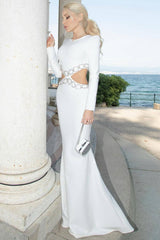 Chic Crew Neck Rhinestone Cut Out Long Sleeve Mermaid Maxi Evening Dress - White