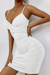 Chic Deep V Spaghetti Strap Sleeveless Bodycon Ruched Party Mini Dress - White