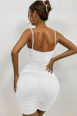 Chic Deep V Spaghetti Strap Sleeveless Bodycon Ruched Party Mini Dress - White