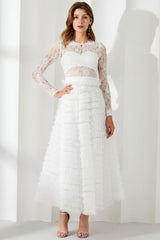 Chic Eyelash Lace Long Sleeve Tiered Ruffle Tulle Evening Maxi Dress - White