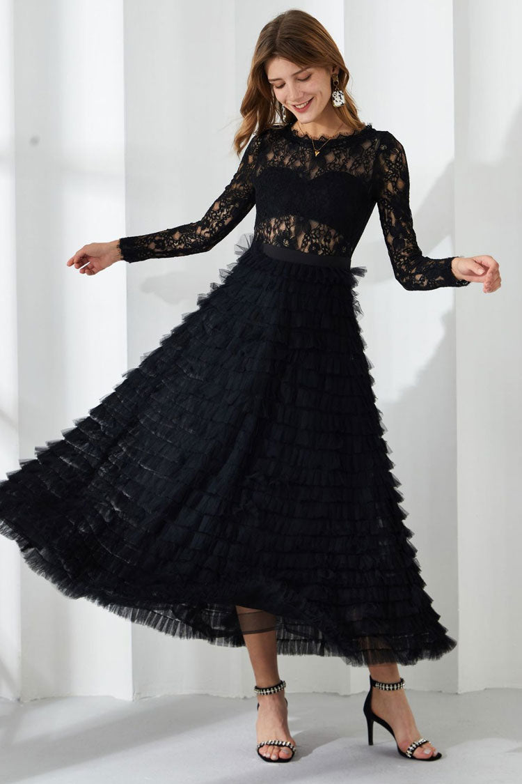 Chic Eyelash Lace Long Sleeve Tiered Ruffle Tulle Evening Maxi Dress - Black