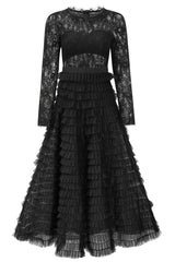 Chic Eyelash Lace Long Sleeve Tiered Ruffle Tulle Evening Maxi Dress - Black