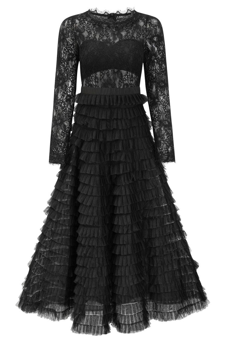 Chic Eyelash Lace Long Sleeve Tiered Ruffle Tulle Evening Maxi Dress - Black