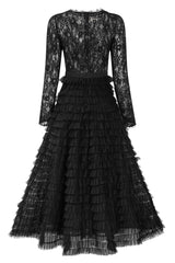 Chic Eyelash Lace Long Sleeve Tiered Ruffle Tulle Evening Maxi Dress - Black