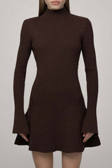 Chic High Neck Flared Long Sleeve Rib Knit Winter Sweater Mini Dress - Coffee