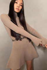 Chic High Neck Flared Long Sleeve Rib Knit Winter Sweater Mini Dress - Khaki