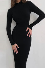 Chic High Neck Long Sleeve Bodycon Rib Knit Sweater Midi Dress - Black