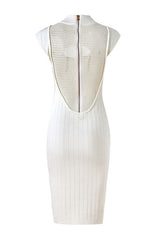 Chic Mock Neck Cutout Cap Sleeve Open Chunky Knit Sweater Midi Dress - White
