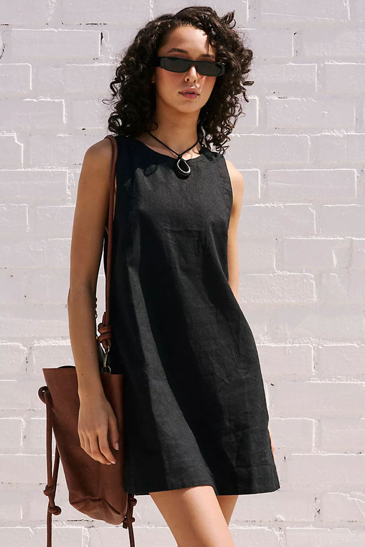 Chic Round Neck Open Back Pocket Trim Summer Linen Mini Sundress