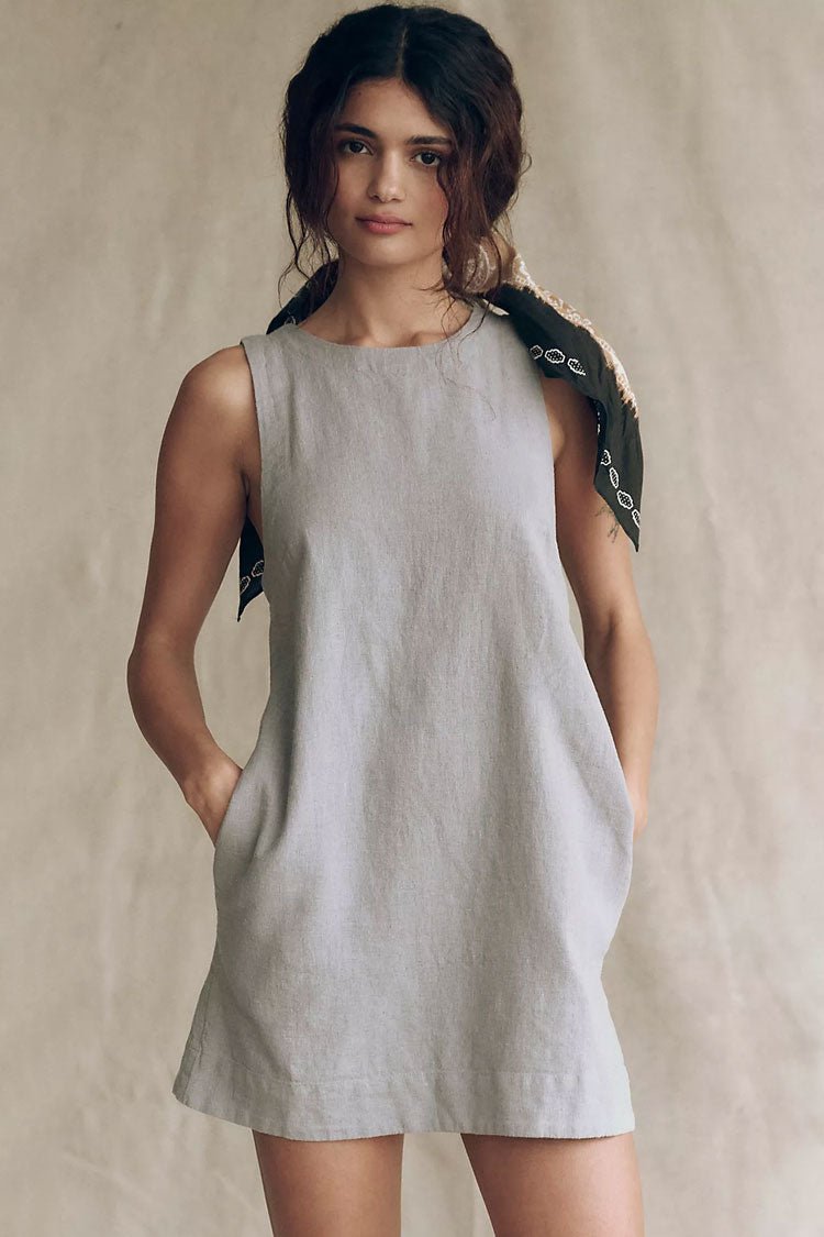 Chic Round Neck Open Back Pocket Trim Summer Linen Mini Sundress