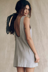 Chic Round Neck Open Back Pocket Trim Summer Linen Mini Sundress