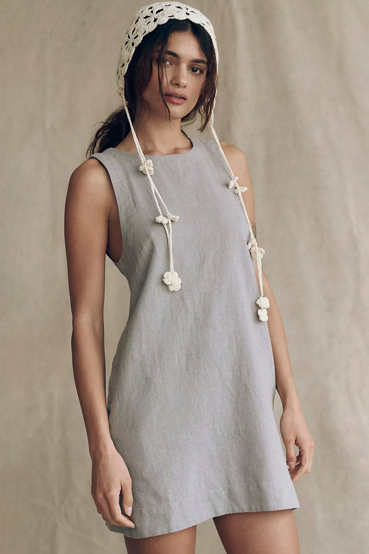 Chic Round Neck Open Back Pocket Trim Summer Linen Mini Sundress
