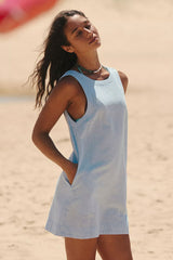 Chic Round Neck Open Back Pocket Trim Summer Linen Mini Sundress