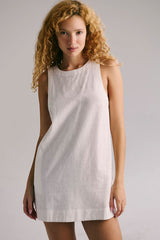 Chic Round Neck Open Back Pocket Trim Summer Linen Mini Sundress