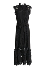 Chic Scalloped Eyelet High Neck Belted Sleeveless Button Up Shirt Maxi Dress