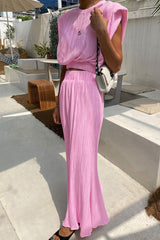 Chic Shirred Shoulder Pad Crop High Waist Skirt Two Piece Maxi Dress - Pink