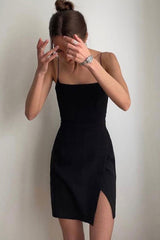 Chic Square Neck Spaghetti Strap Sleeveless Fitted Front Split Slip Mini Dress - Black