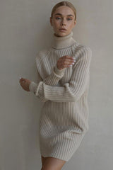 Chic Turtleneck Long Sleeve Chunky Ribbed Knit Winter Sweater Mini Dress - Khaki