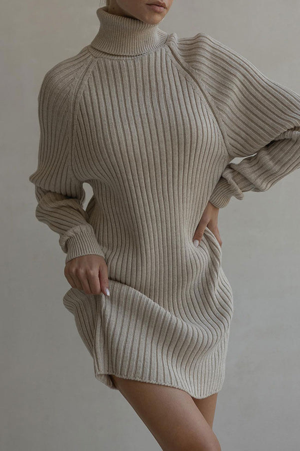 Chic Turtleneck Long Sleeve Chunky Ribbed Knit Winter Sweater Mini Dress - Khaki