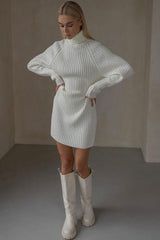 Chic Turtleneck Long Sleeve Chunky Ribbed Knit Winter Sweater Mini Dress - White