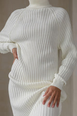 Chic Turtleneck Long Sleeve Chunky Ribbed Knit Winter Sweater Mini Dress - White
