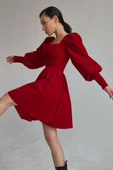 Christmas Square Neck Puff Sleeve Fit & Flare Velvet Party Mini Dress - Red