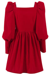 Christmas Square Neck Puff Sleeve Fit & Flare Velvet Party Mini Dress - Red