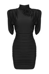 Classy Rosette Trim High Neck Draped Sleeve Ruched Party Mini Dress - Black