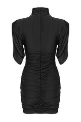 Classy Rosette Trim High Neck Draped Sleeve Ruched Party Mini Dress - Black