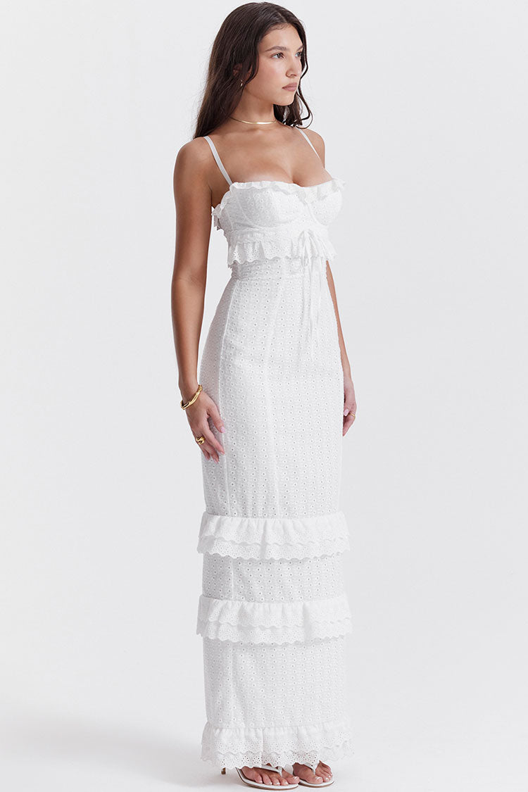 Classy Ruffle Sweetheart Broderie Anglaise Fitted Layered Maxi Sundress - White